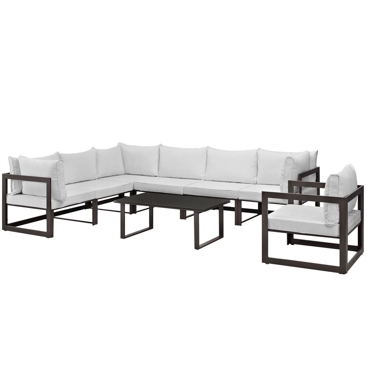 Fortuna 8 Piece Outdoor Patio Sectional Sofa Set, Steel, Brown White Fabric