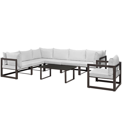 Fortuna 8 Piece Outdoor Patio Sectional Sofa Set, Steel, Brown White Fabric
