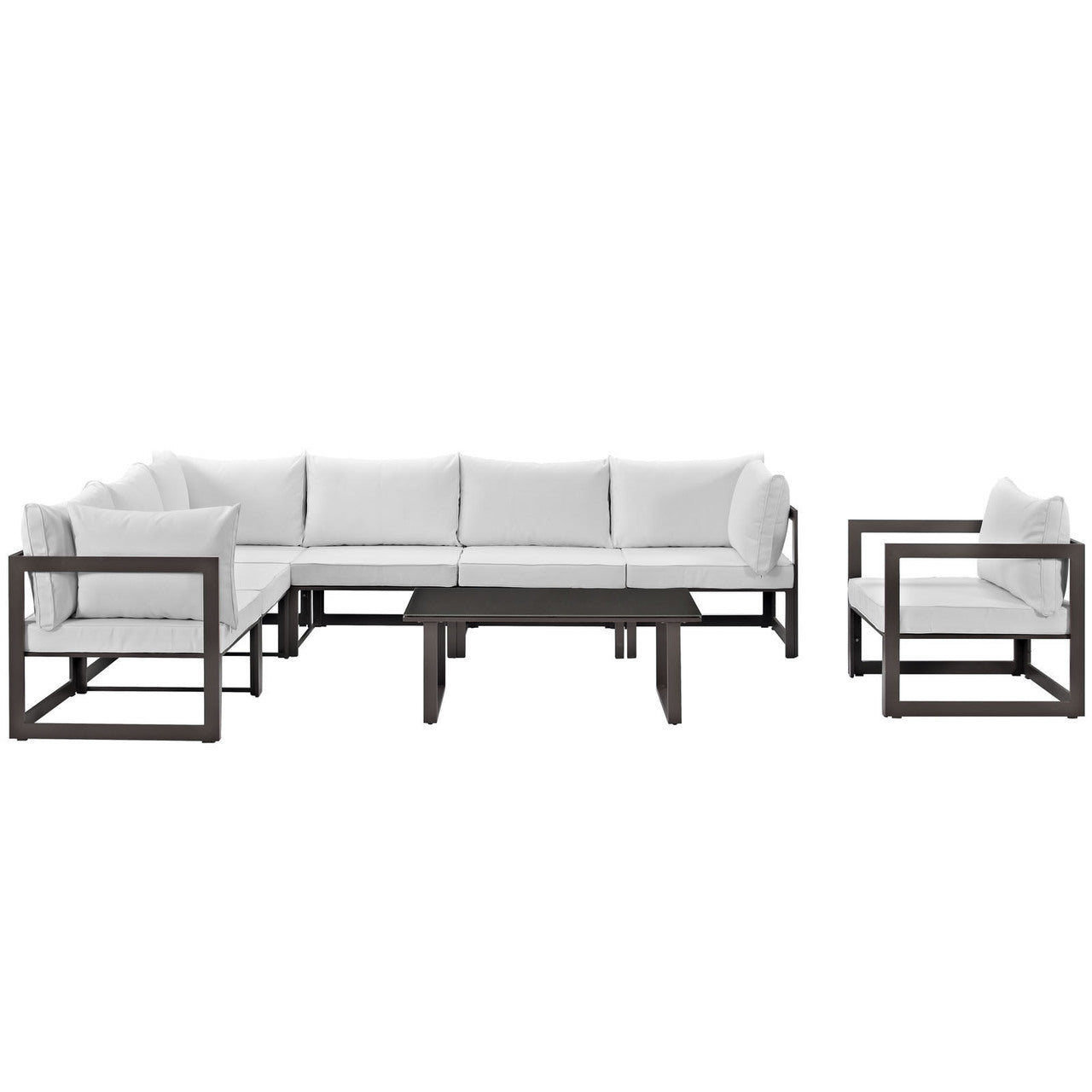Fortuna 8 Piece Outdoor Patio Sectional Sofa Set, Steel, Brown White Fabric