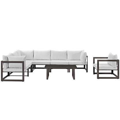 Fortuna 8 Piece Outdoor Patio Sectional Sofa Set, Steel, Brown White Fabric