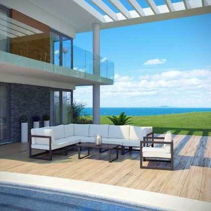 Fortuna 8 Piece Outdoor Patio Sectional Sofa Set, Steel, Brown White Fabric