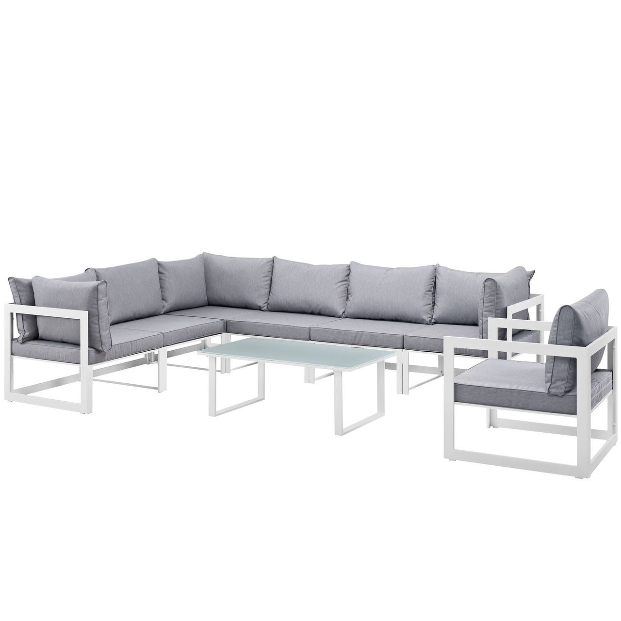 Fortuna 8 Piece Outdoor Patio Sectional Sofa Set, Steel, White Grey Fabric
