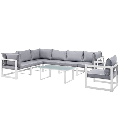 Fortuna 8 Piece Outdoor Patio Sectional Sofa Set, Steel, White Grey Fabric