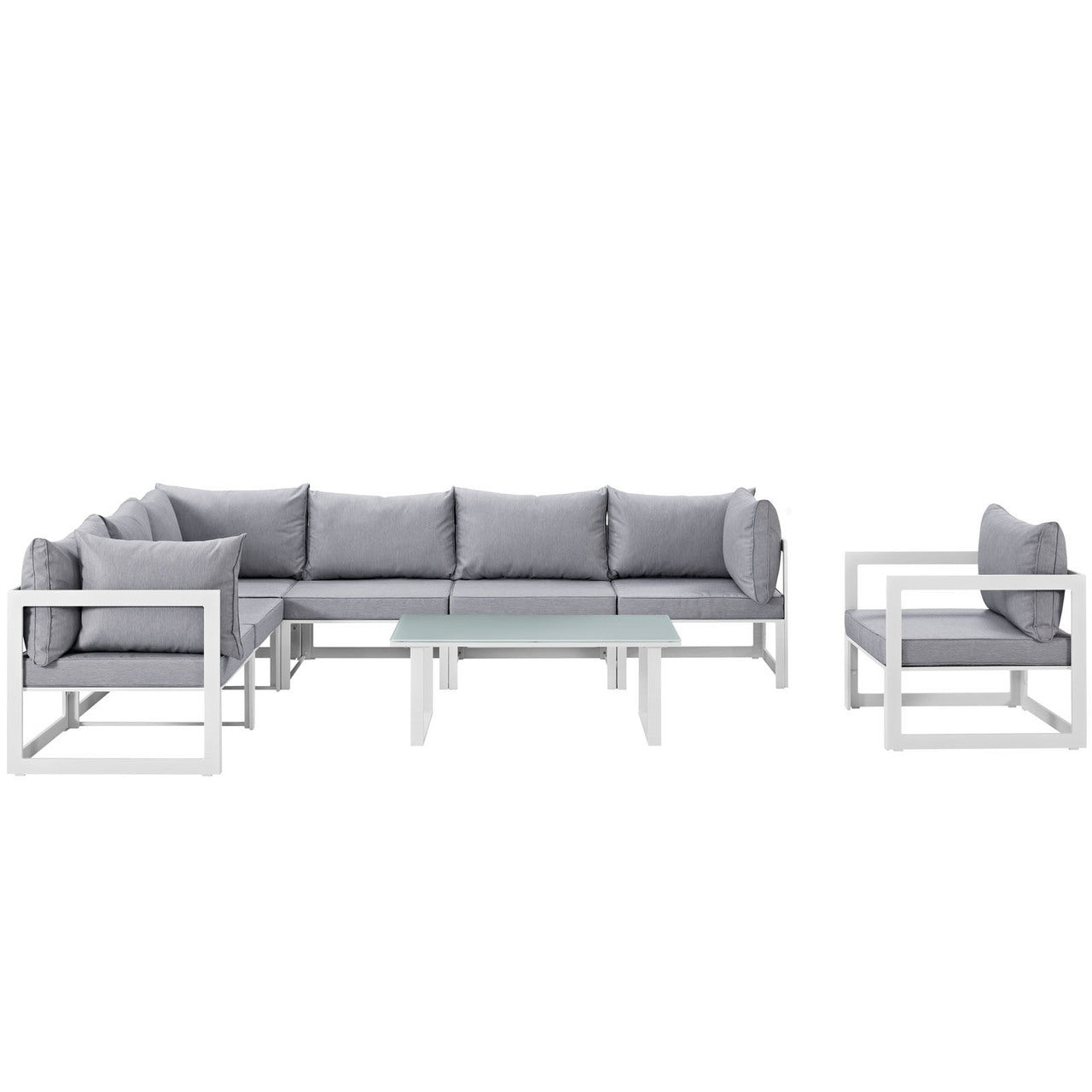 Fortuna 8 Piece Outdoor Patio Sectional Sofa Set, Steel, White Grey Fabric