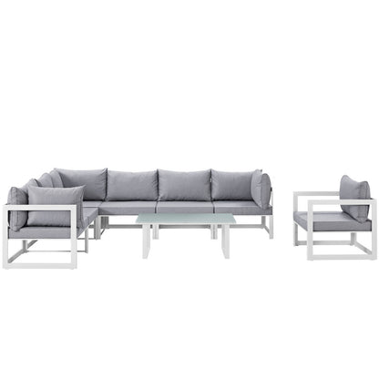 Fortuna 8 Piece Outdoor Patio Sectional Sofa Set, Steel, White Grey Fabric