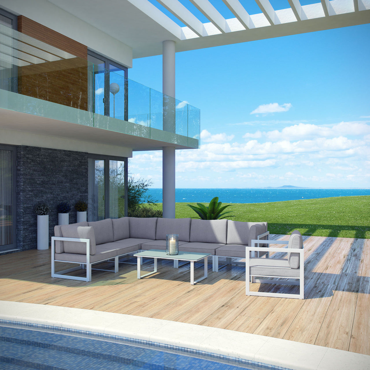 Fortuna 8 Piece Outdoor Patio Sectional Sofa Set, Steel, White Grey Fabric