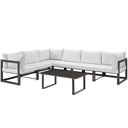 Fortuna 7 Piece Outdoor Patio Sectional Sofa Set, Steel Brown White Fabric