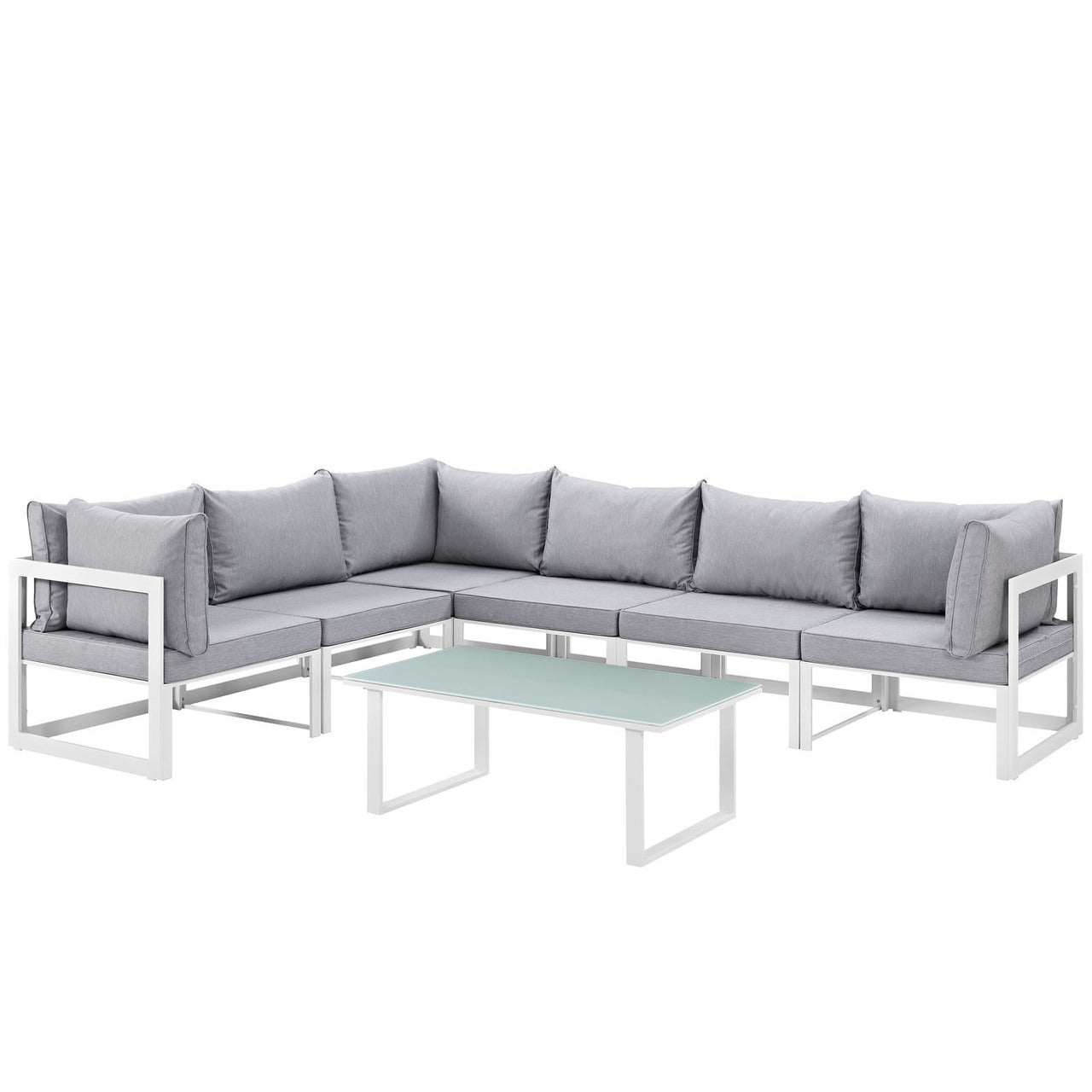 Fortuna 7 Piece Outdoor Patio Sectional Sofa Set, Steel White Grey Fabric