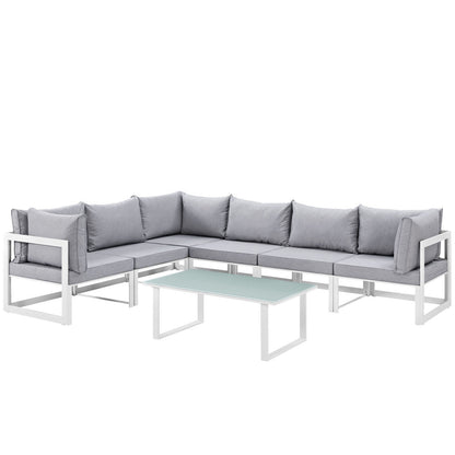Fortuna 7 Piece Outdoor Patio Sectional Sofa Set, Steel White Grey Fabric