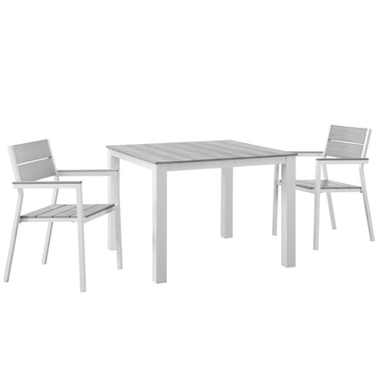 Maine 3 Piece Outdoor Patio Dining Set, White Light Grey Steel