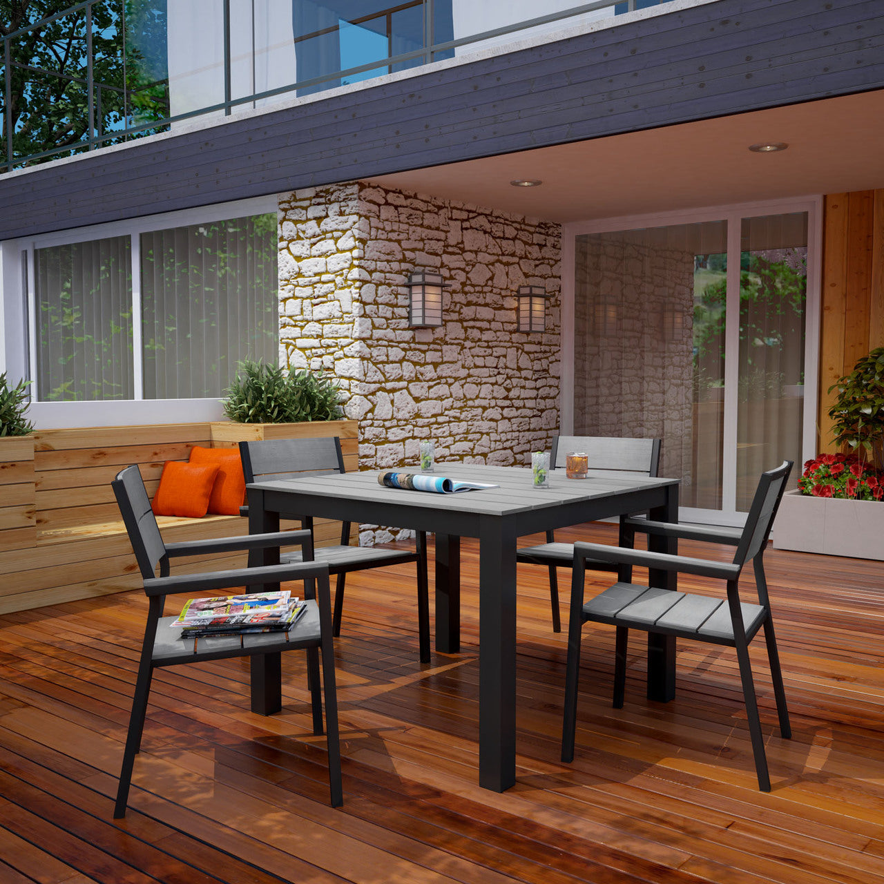 Maine Five PCS Outdoor Patio Dining Set, Grey, Poly Lumber, Aluminum