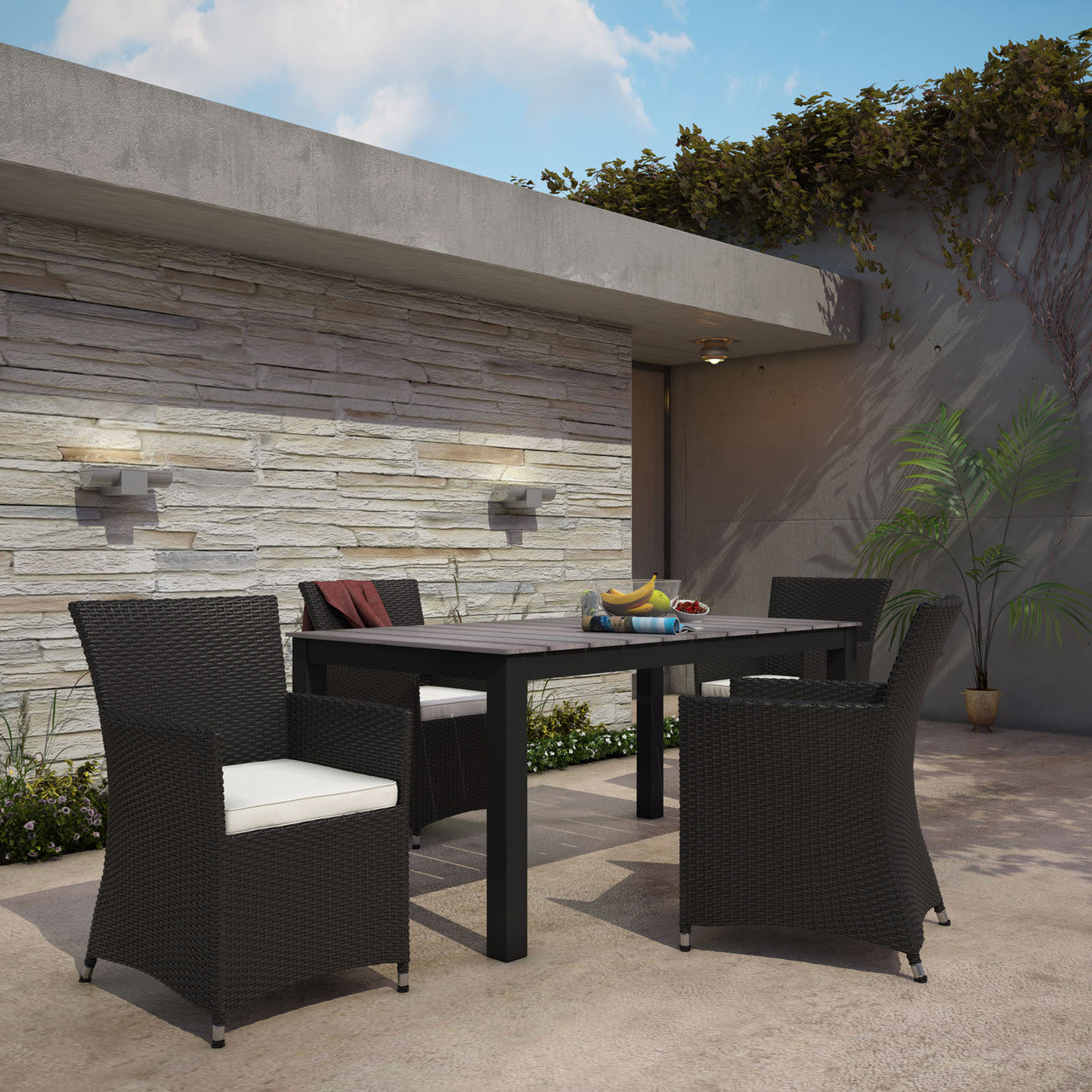 Junction Five PCS Outdoor Patio Dining Set, White, Fabric, Synthetic Rattan