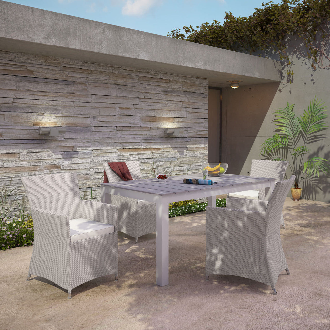 Junction Five PCS Outdoor Patio Dining Set, White, Synthetic Rattan, Fabric