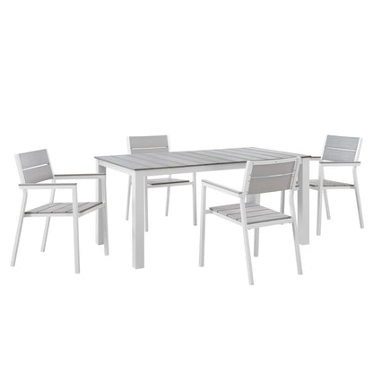 Maine 5 Piece Outdoor Patio Dining Set, White Light Grey Steel