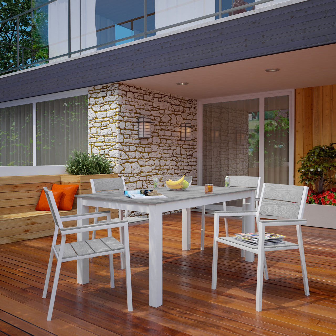Maine 5 Piece Outdoor Patio Dining Set, White Light Grey Steel