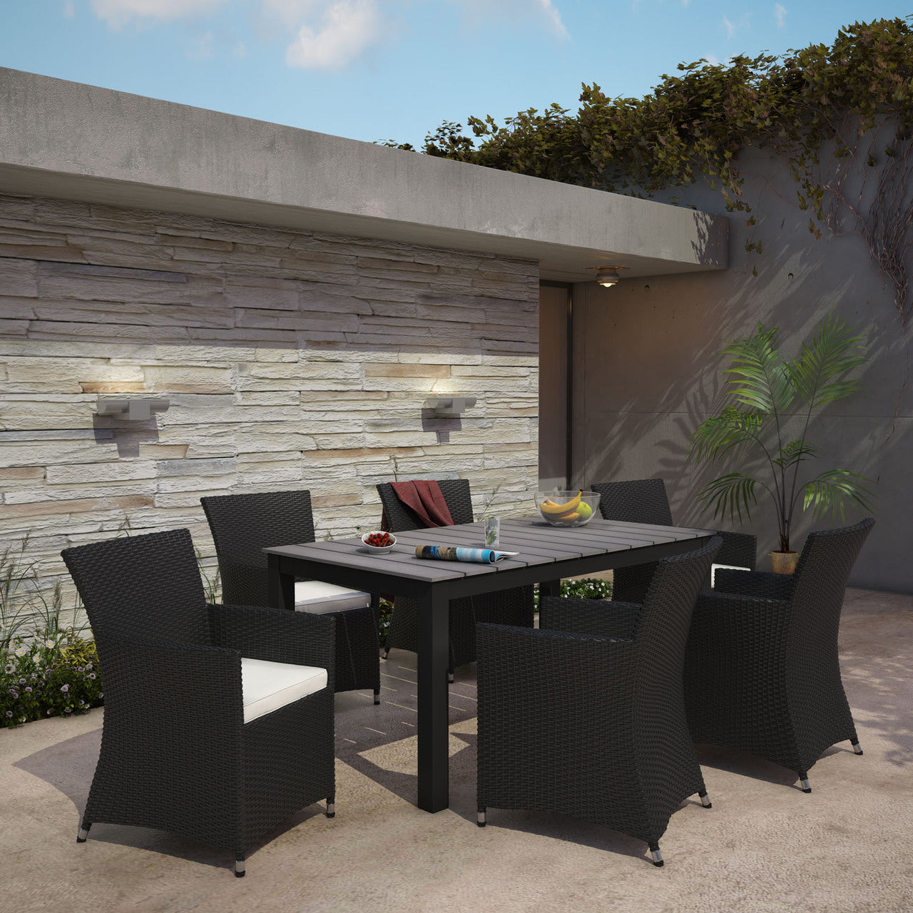 Junction 7 Piece Outdoor Patio Dining Set, Brown White Plastic