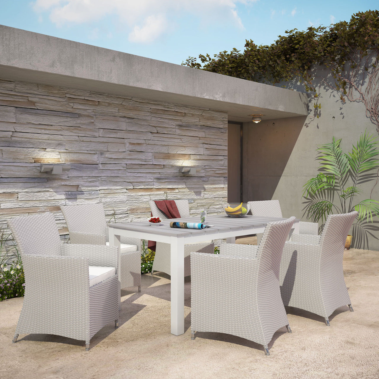 Junction 7 Piece Outdoor Patio Dining Set, Gray White Plastic
