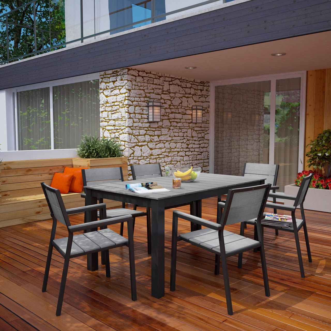 Maine 7 Piece Outdoor Patio Dining Set, Brown Grey Steel