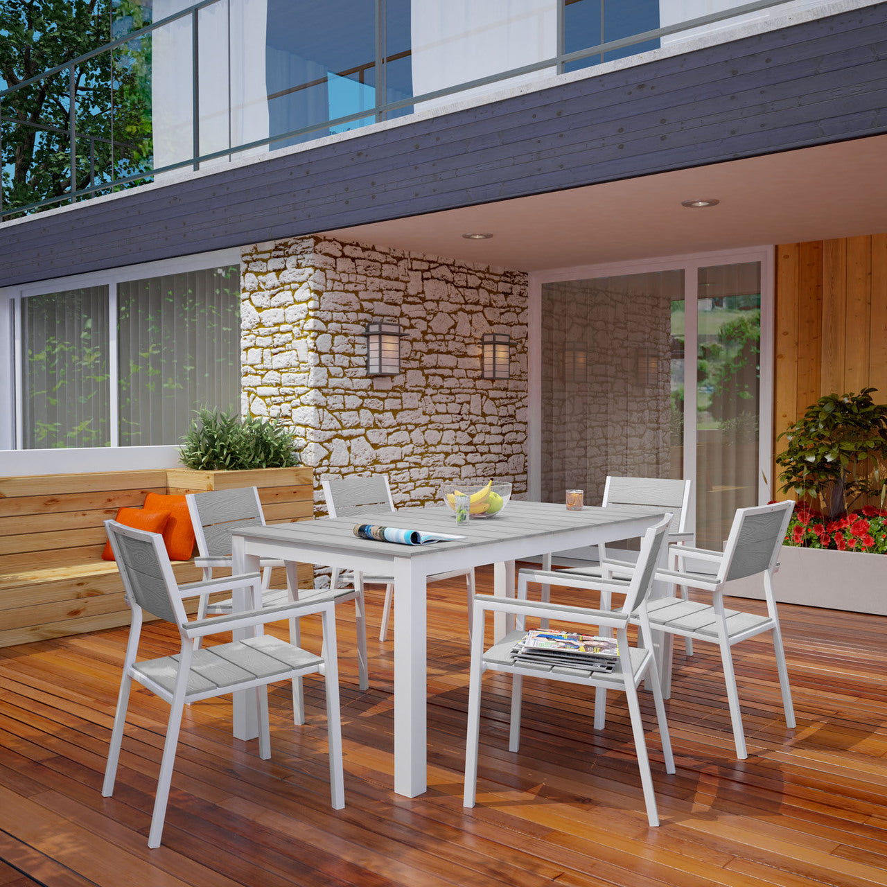 Maine 7 Piece Outdoor Patio Dining Set, White Light Grey Steel