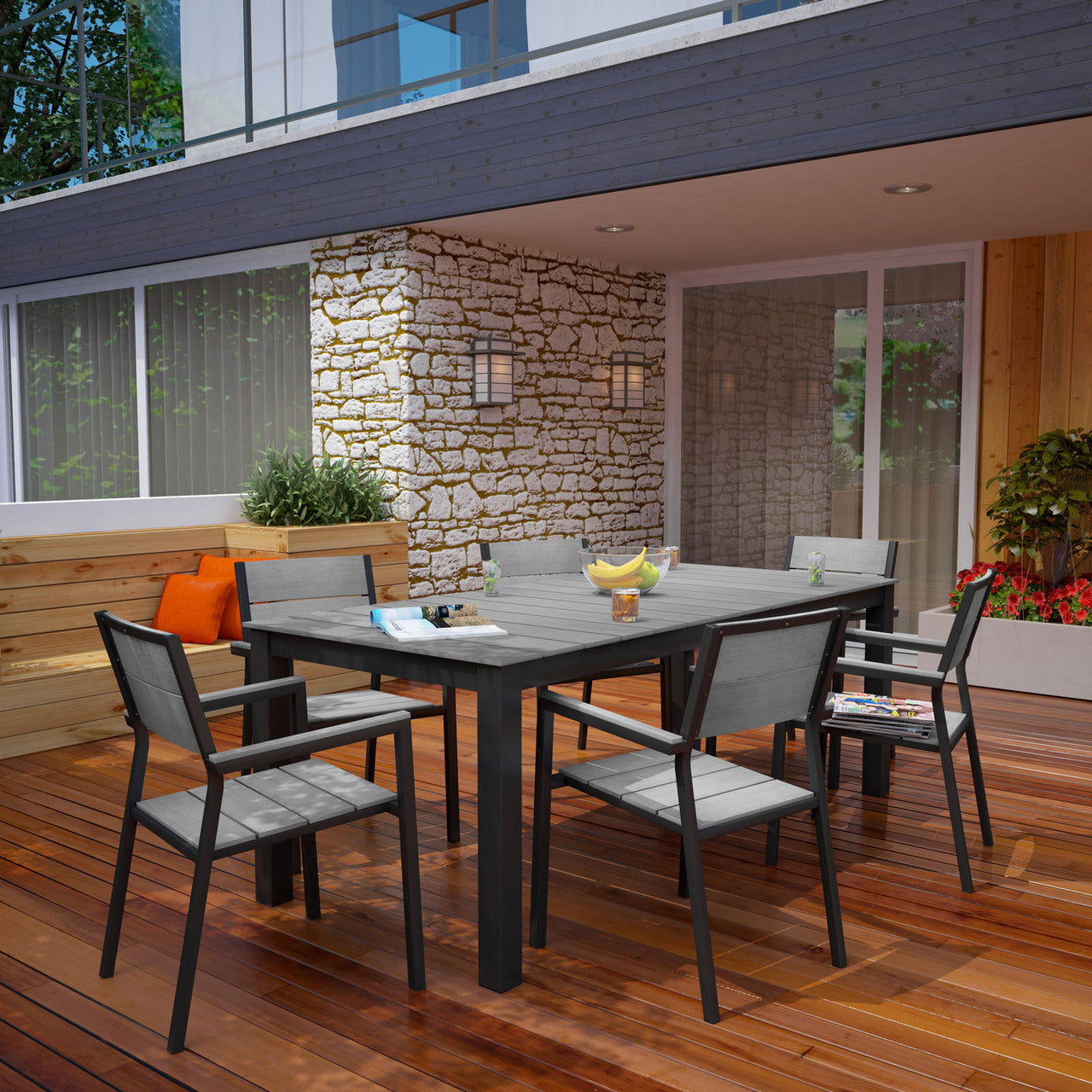 Maine 7 Piece Outdoor Patio Dining Set, Brown Grey, Steel