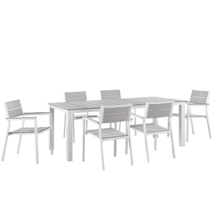 Maine 7 Piece Outdoor Patio Dining Set, White Light Grey, Steel