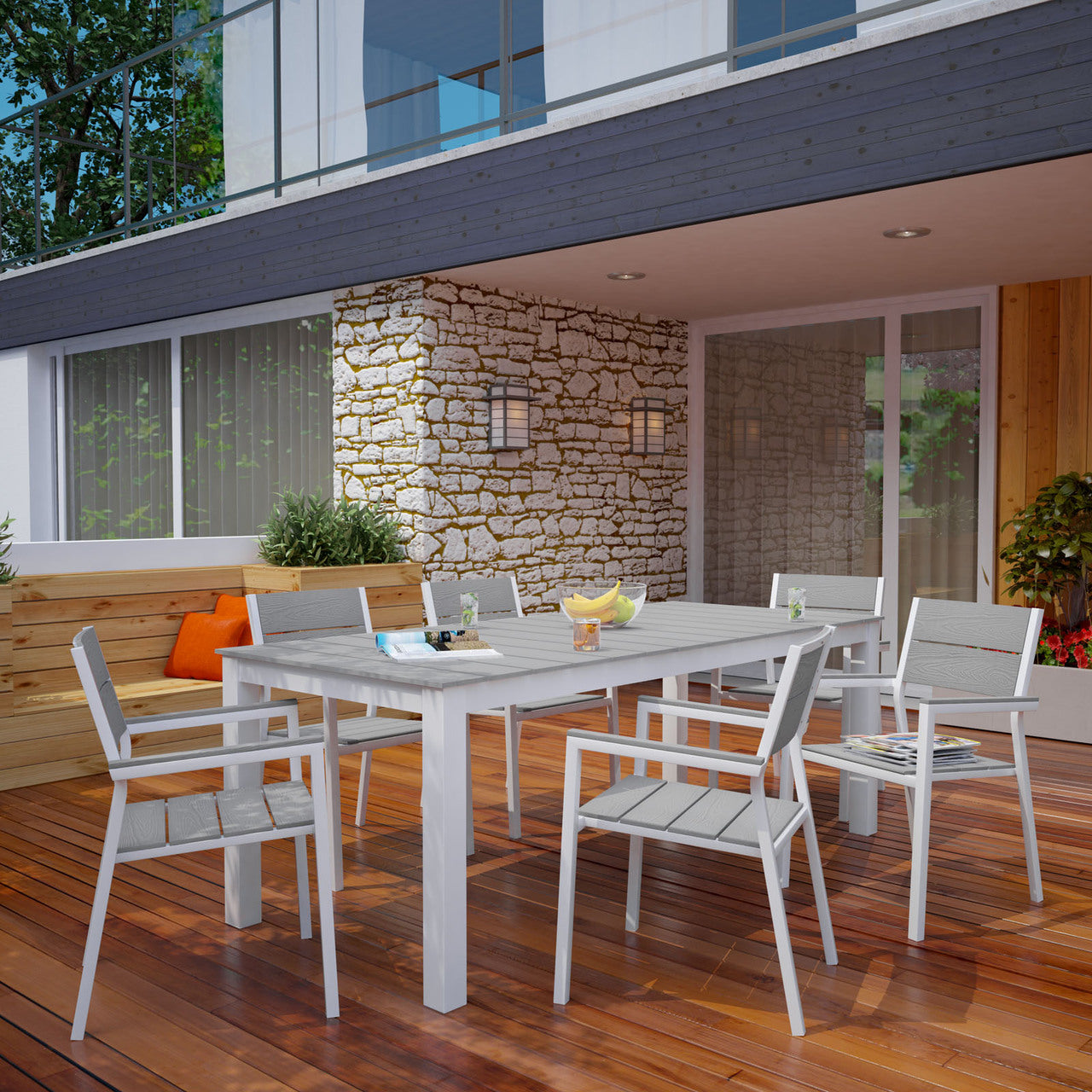 Maine 7 Piece Outdoor Patio Dining Set, White Light Grey, Steel