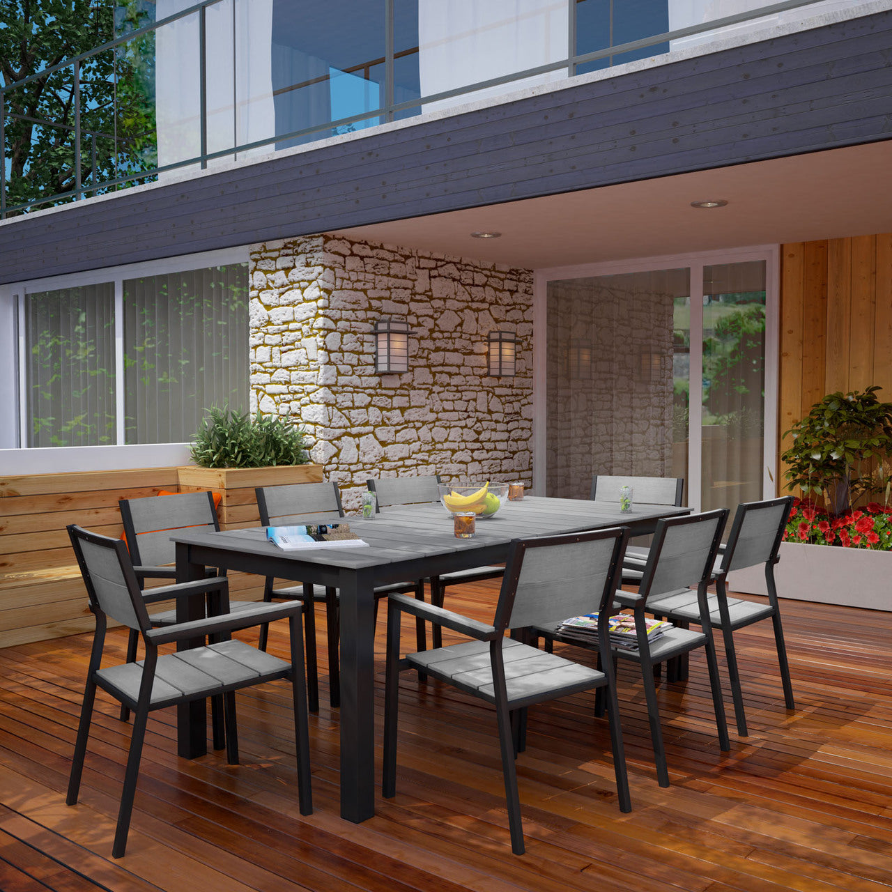 Maine 9 Piece Outdoor Patio Dining Set, Brown Grey Steel