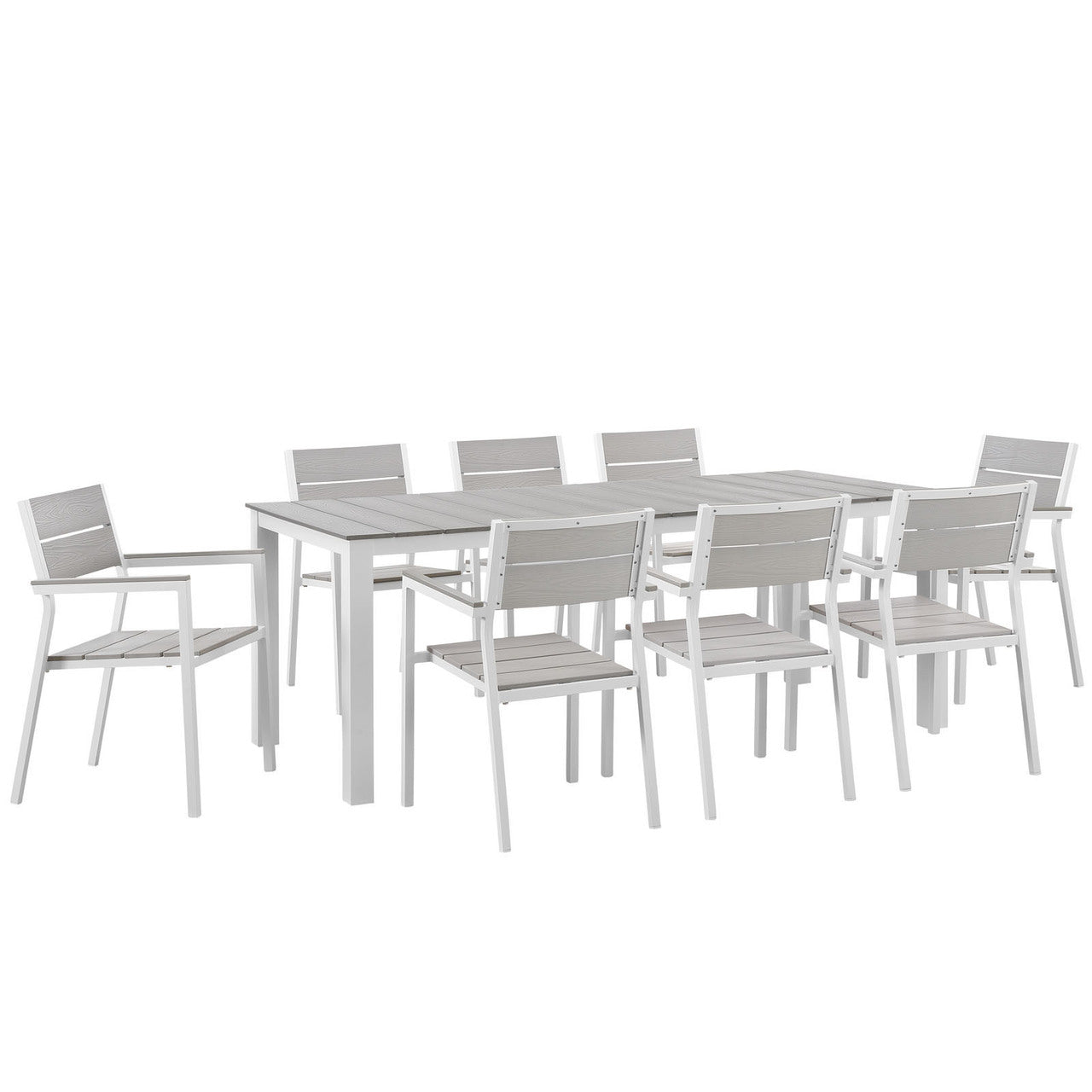 Maine 9 Piece Outdoor Patio Dining Set, White Light Grey Steel