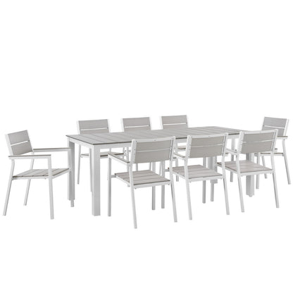 Maine 9 Piece Outdoor Patio Dining Set, White Light Grey Steel