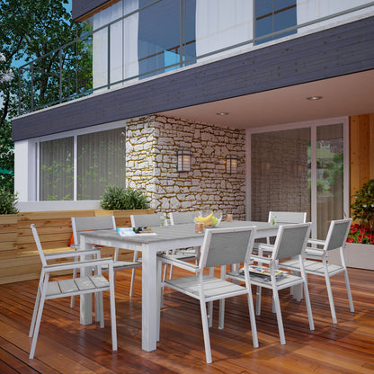 Maine 9 Piece Outdoor Patio Dining Set, White Light Grey Steel