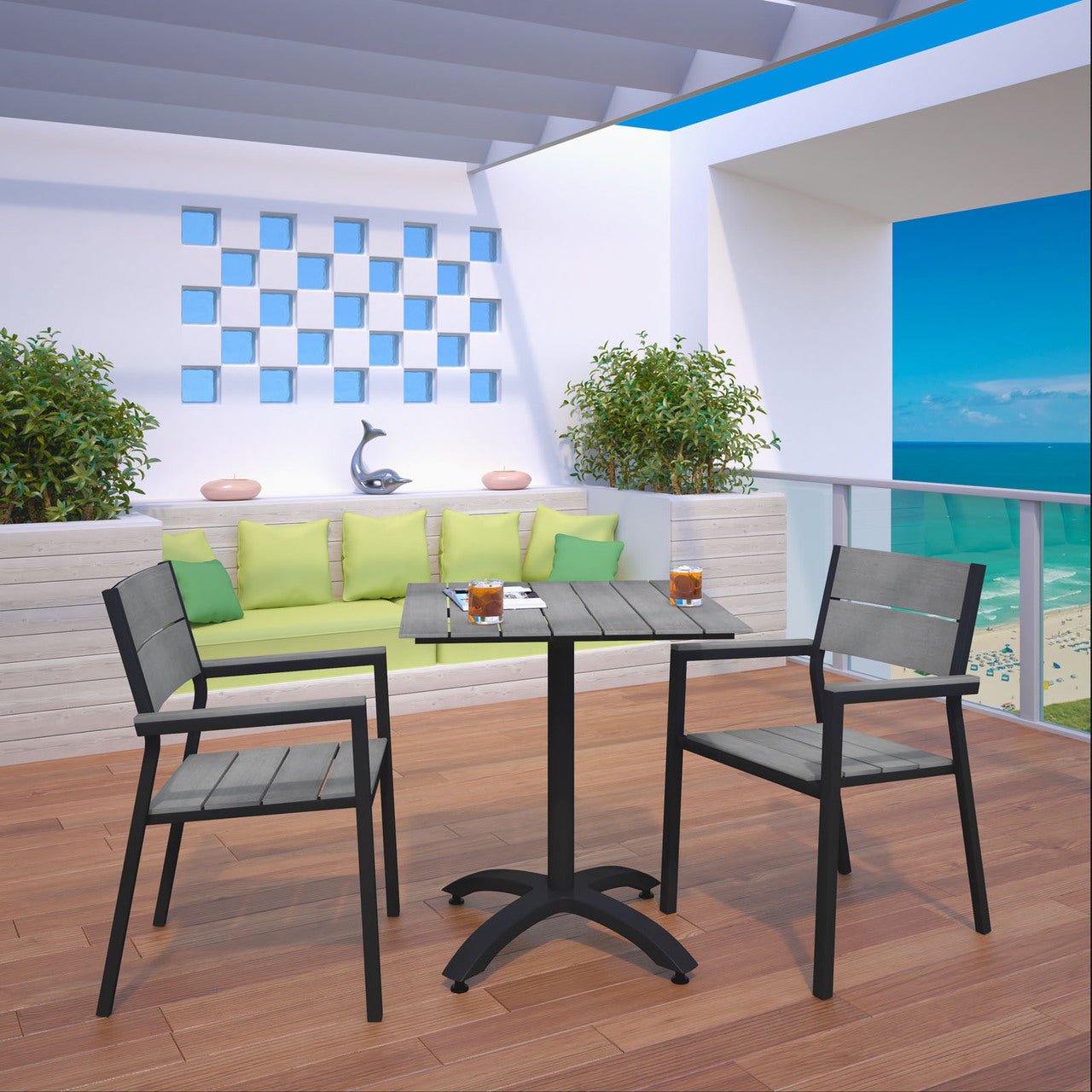 Maine 3 Piece Outdoor Patio Dining Set, Steel Brown Grey