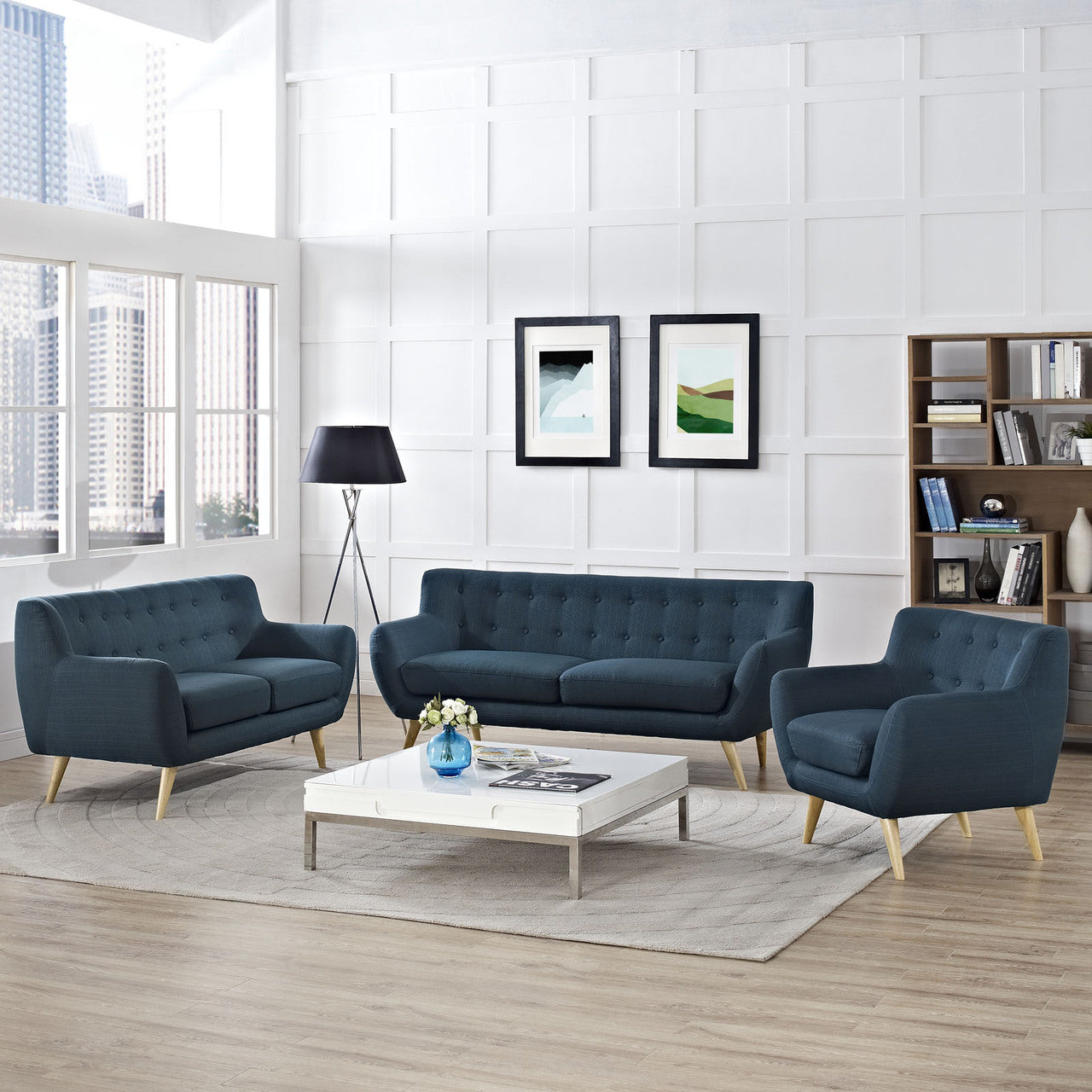 Remark Three PCS Living Room Set, Navy, Fabric, Plywood