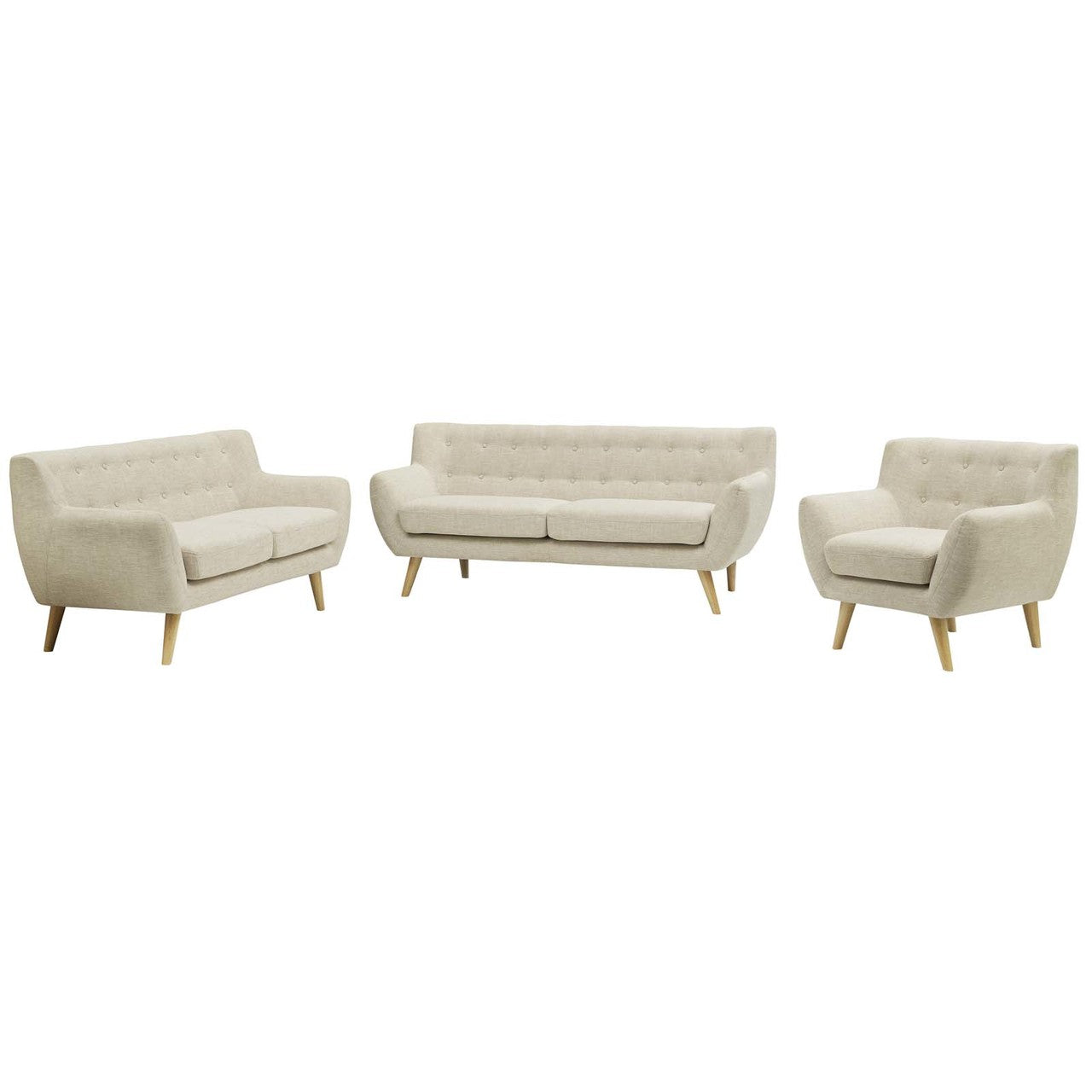 Remark 3 Piece Living Room Sofa and Loveseat and Armchair Set, Fabric, Beige 13294