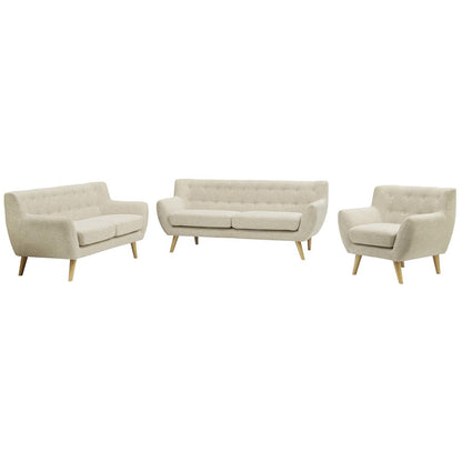 Remark 3 Piece Living Room Sofa and Loveseat and Armchair Set, Fabric, Beige 13294