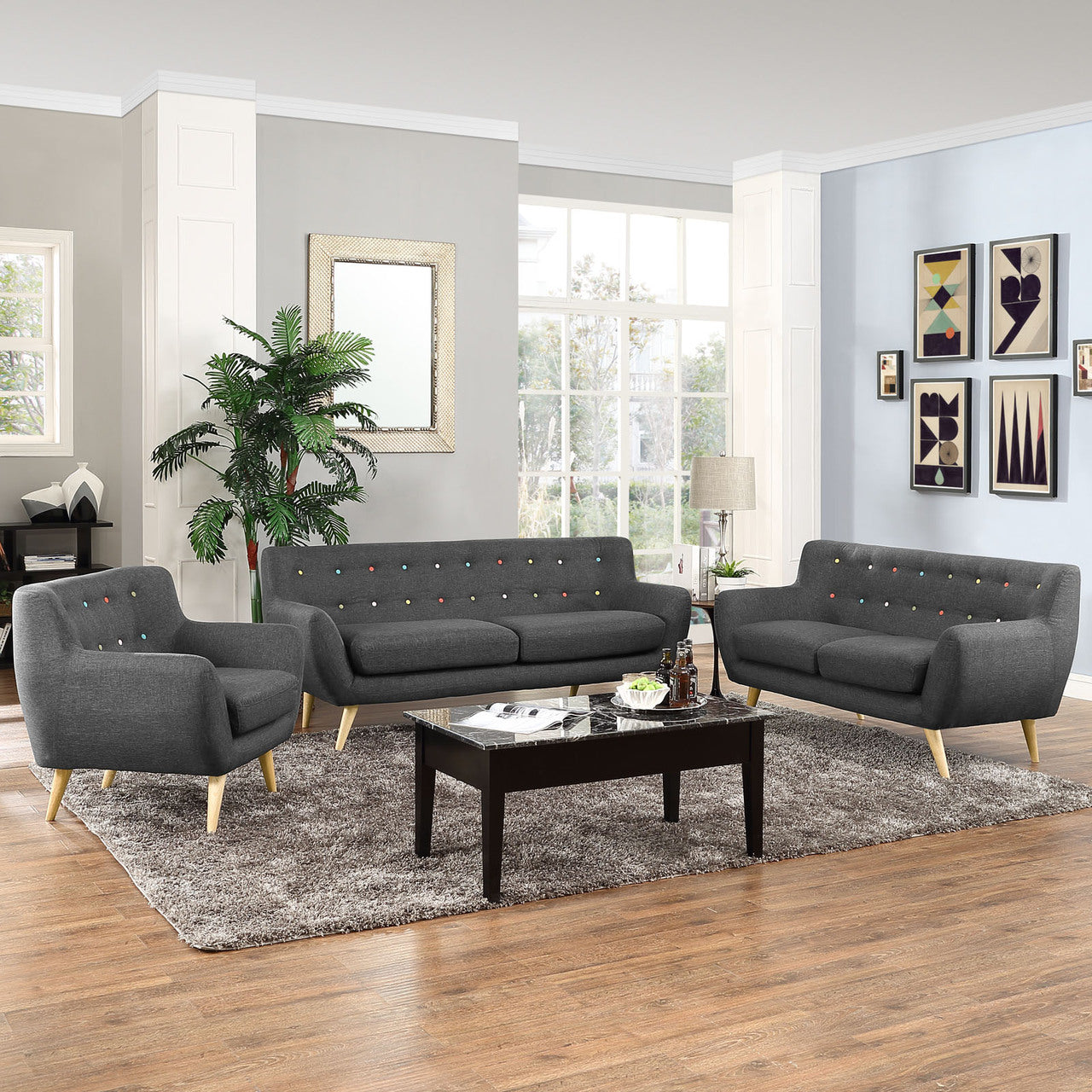 Remark Three PCS Living Room Set, Grey, Fabric, Plywood