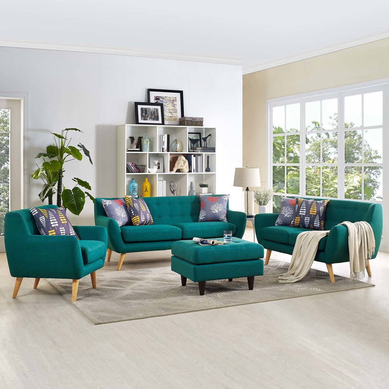 Remark 3 Piece Living Room Sofa and Loveseat and Armchair Set, Fabric, Aqua Blue 13295