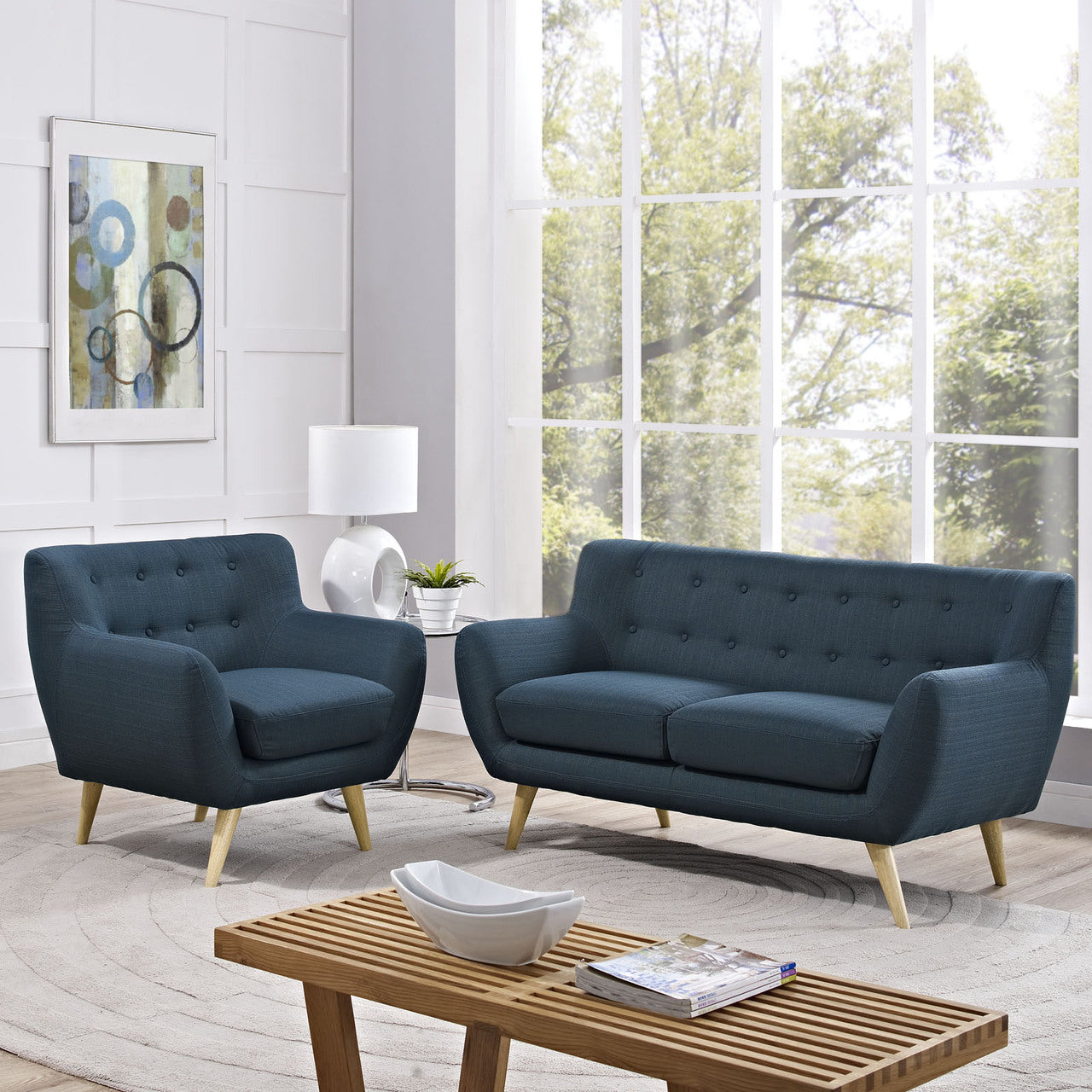 Remark 2 Piece Living Room Set, Navy Fabric