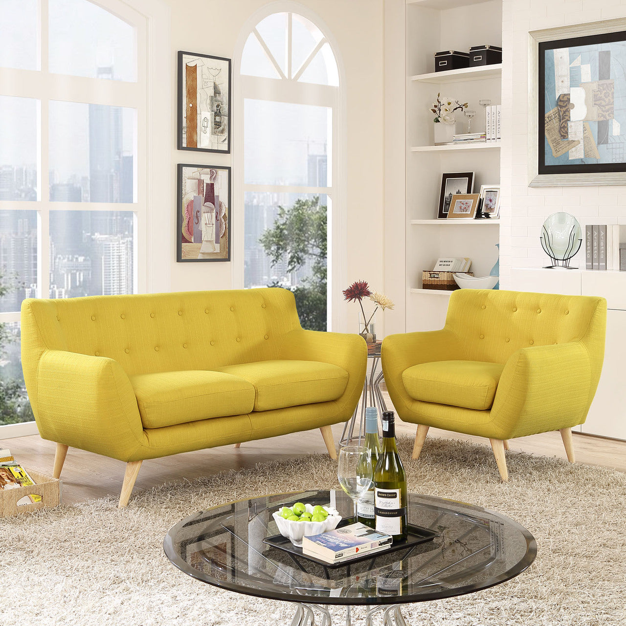 Remark Two PCS Living Room Set, Yellow, Fabric, Plywood