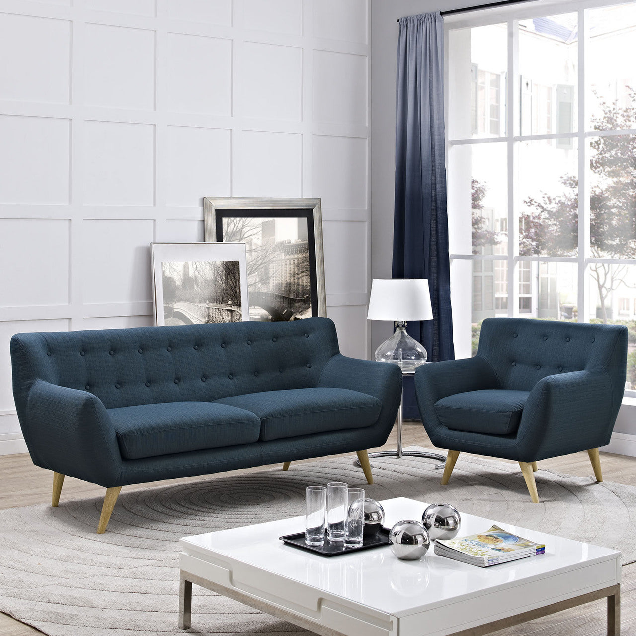 Remark Two PCS Living Room Set, Navy, Fabric, Plywood