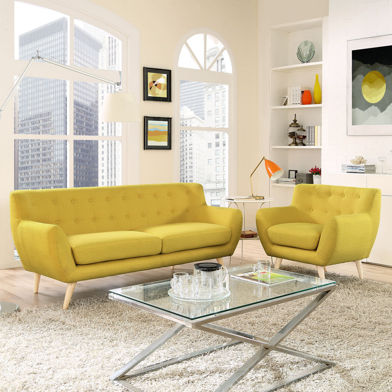 Remark Two PCS Living Room Set, Yellow, Fabric, Plywood 1784