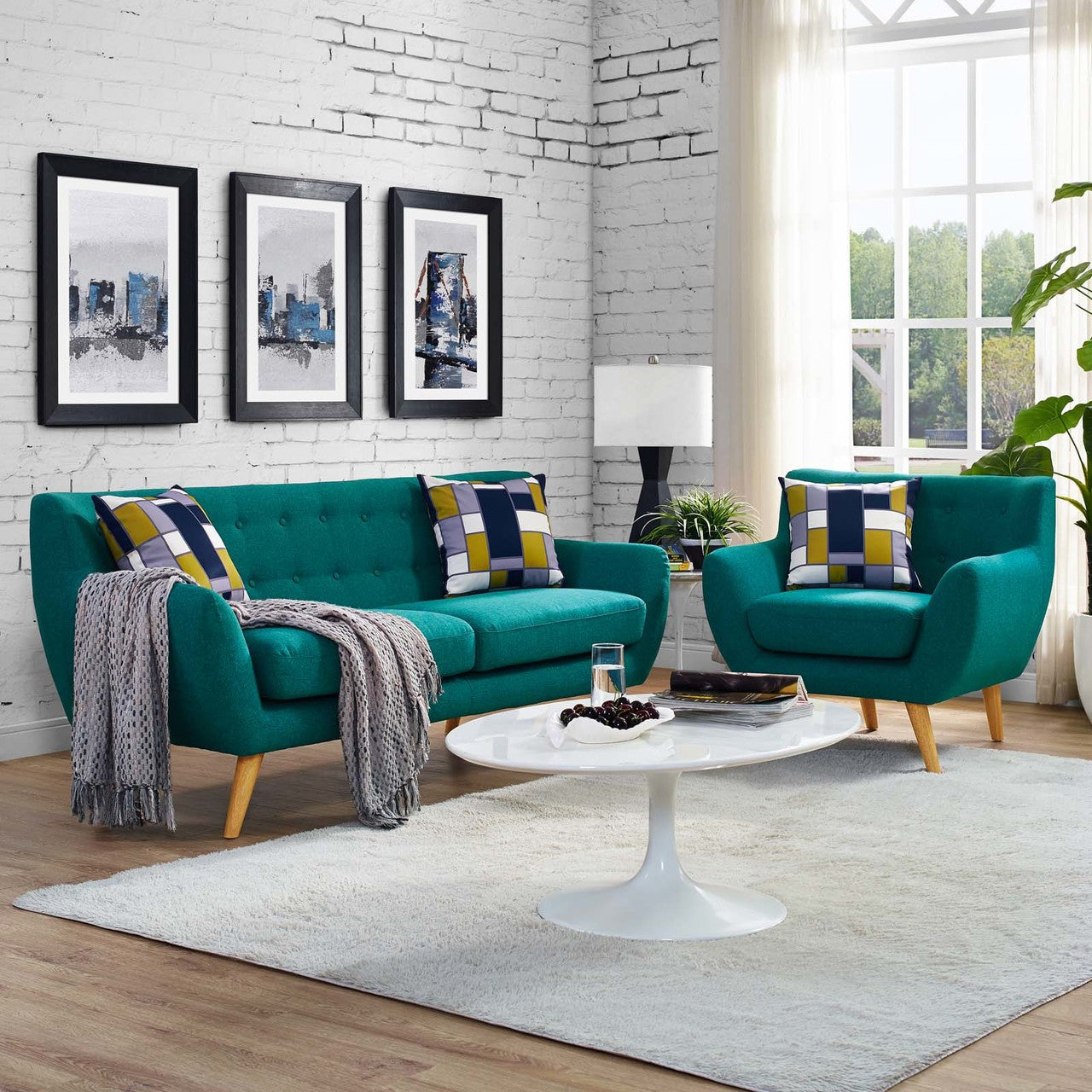 Remark 2 Piece Living Room Sofa and Armchair Set, Fabric, Aqua Blue 13297