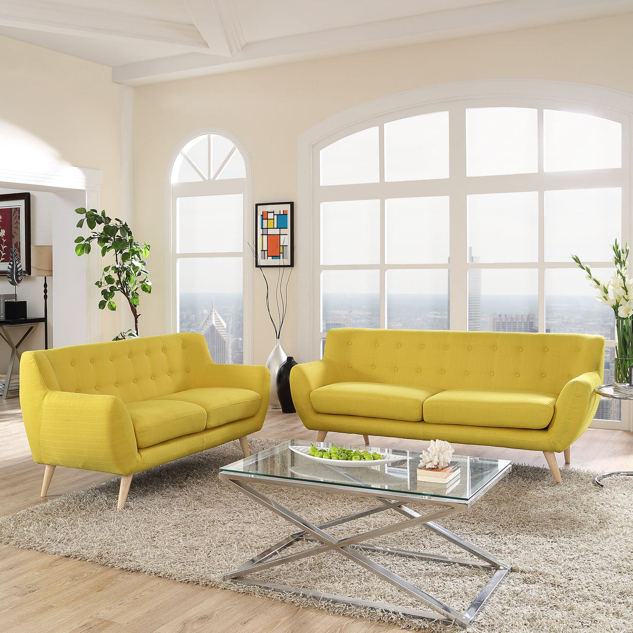Remark Two PCS Living Room Set, Yellow, Fabric, Plywood 1785