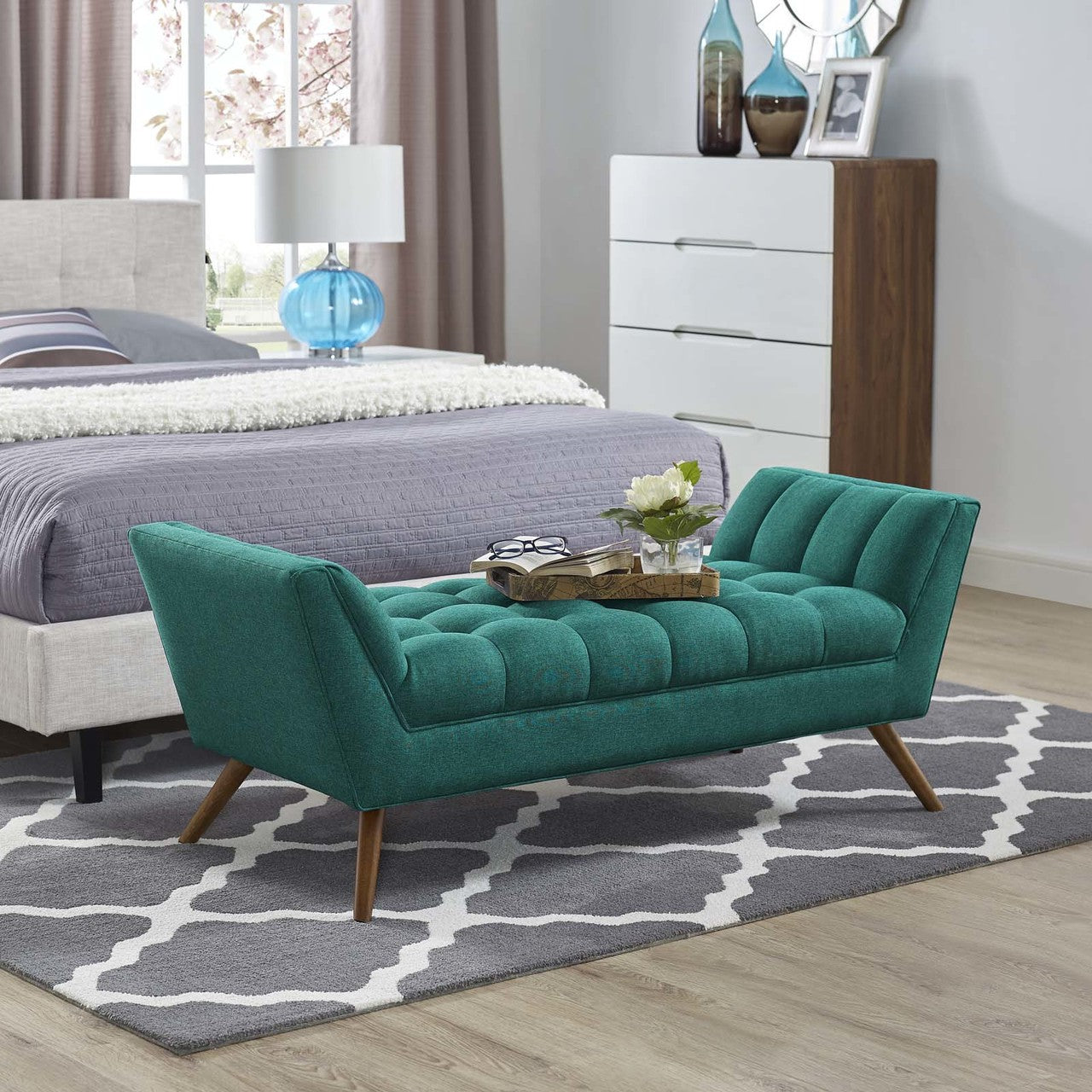 Response Medium Upholstered Fabric Bench, Fabric, Aqua Blue 13307
