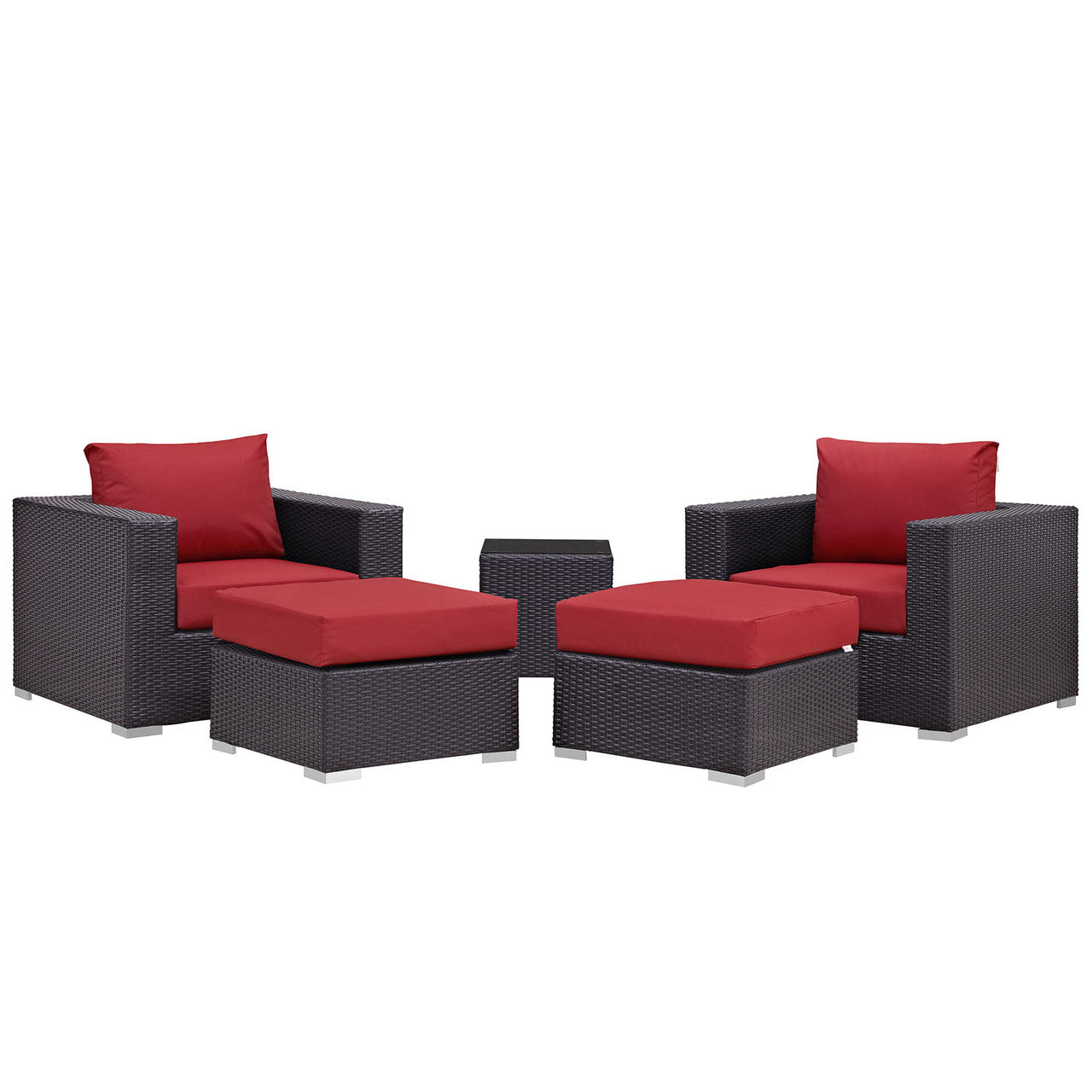 Convene Five PCS Outdoor Patio Sectional Set, Red, Fabric, Synthetic Rattan