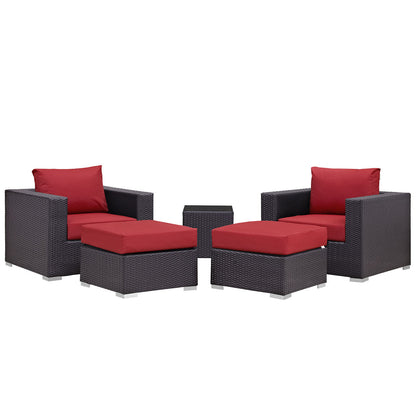 Convene Five PCS Outdoor Patio Sectional Set, Red, Fabric, Synthetic Rattan