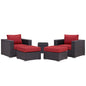Convene Five PCS Outdoor Patio Sectional Set, Red, Fabric, Synthetic Rattan