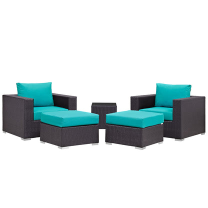 Convene Five PCS Outdoor Patio Sectional Set, Blue, Fabric, Synthetic Rattan
