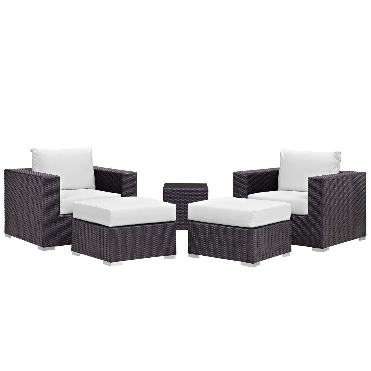 Convene Five PCS Outdoor Patio Sectional Set, White, Fabric, Synthetic Rattan