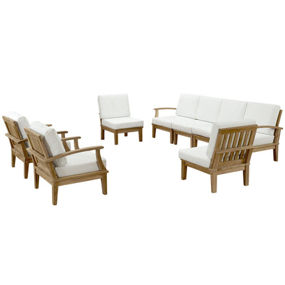 Marina Eight PCS Outdoor Patio Teak Sofa Set, White, Fabric, Wood
