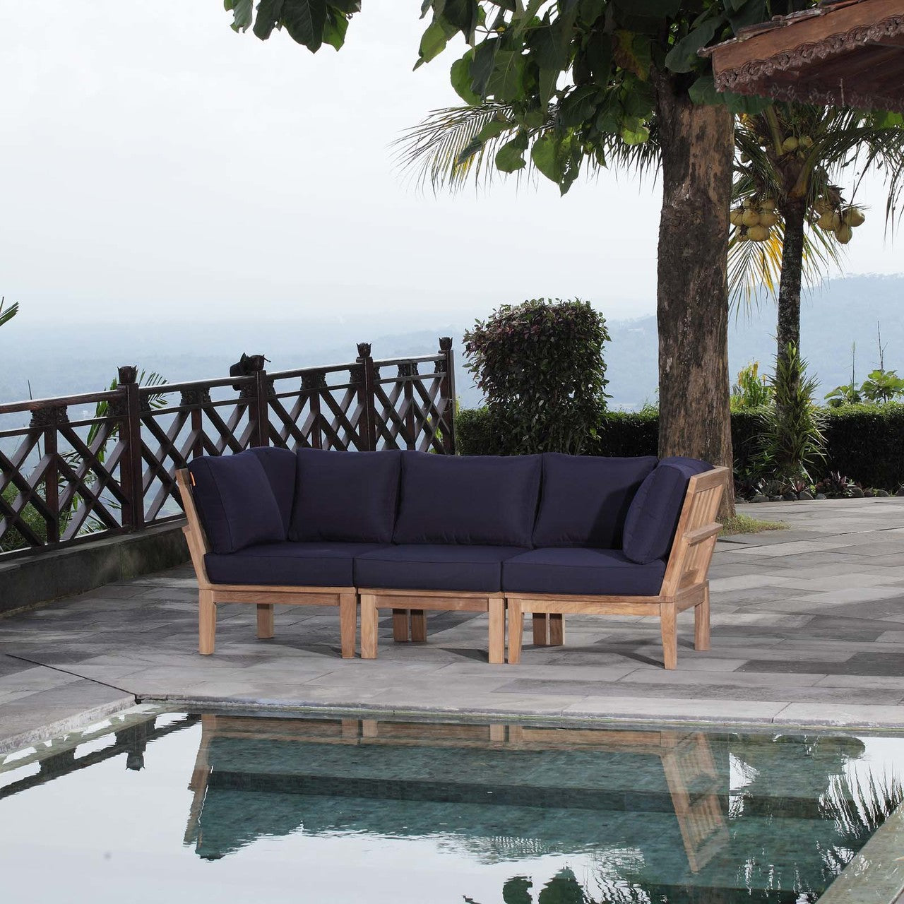 Marina 3 Piece Outdoor Patio Teak Set, Wood, Navy Blue Natural 13331